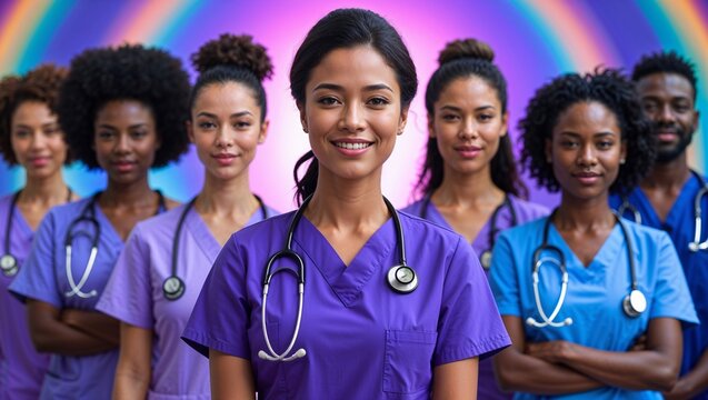 Create an image of a group of diverse nurses in purple and blue scrubs, with stethoscopes around their necks, standing together in front of a vibrant, glowing background. One nurse stands in the front