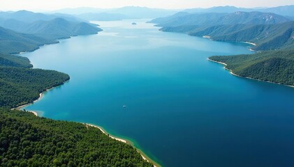 Obraz premium Abstract aerial view of lake, showing winding shoreline and islands , geography, turquoise