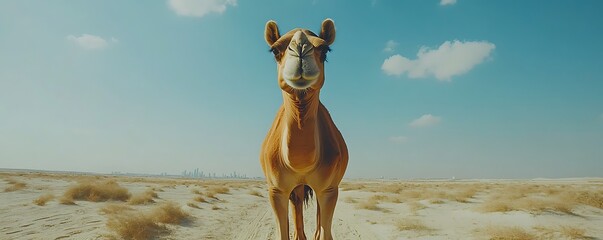 Desert Camel Facing Camera, City Skyline Background, Sunny Day, Stock Photo