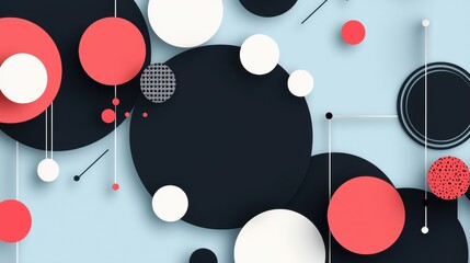 Obraz premium A modern abstract design featuring black, white, and red circles and squares on a light blue background.