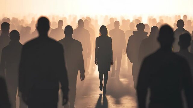 Lonely Woman Walking Through Crowded Dark Street in Dramatic Light and Shadow Atmosphere. Concept loneliness, isolation and individuality