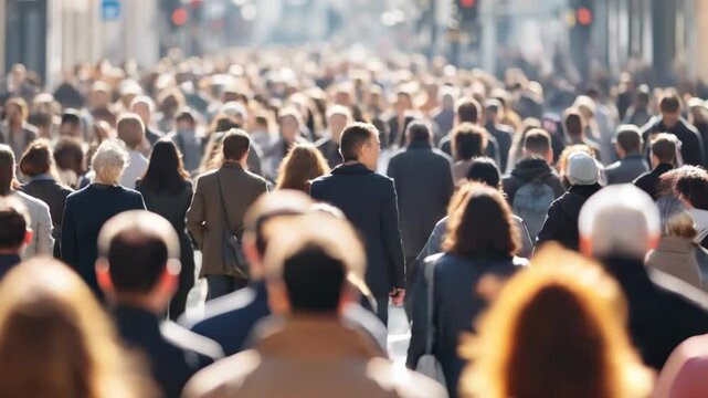 Large Crowd of People Walking in Busy Urban Street on a Bright Day, Focused on Movement and Diversity