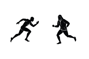 Silhouette Illustration Of Two Runners In Active Poses Isolated On White Background