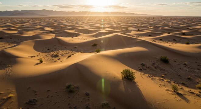 Bright midday sun with sharp rays in a desert landscape