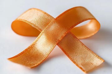 Golden ribbon symbolizing support awareness hopefulness on white background close up