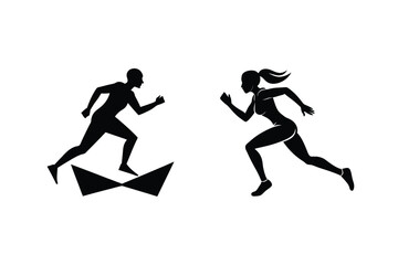Sporty Man And Woman Running Silhouette Vector Illustration On White Background