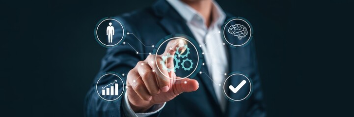 Businessperson interacting with abstract system icons