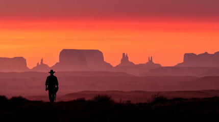 Fototapeta premium Silhouette of lone cowboy walking towards sunset over layered desert landscape, conveying themes of solitude, adventure, and the American West