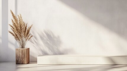 Bamboo podium with clean lines and a flat top placed against a pale wall in a quiet, uncluttered setting