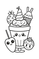 Adorable Kawaii Ice Cream Sundae with Cartoon Fruits and Candy Apple Coloring Page, Kids Menu Design, Sweet Treat Illustration