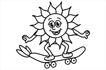 Funny sun riding a skateboard with wavy lines and flower trails