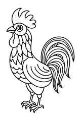 Stylized Rooster Illustration Black and White Line Art of a Rooster with Intricate Feather Details, Perfect for Coloring Pages, Children's Books, Farm Animal Designs, and Decorative Projects