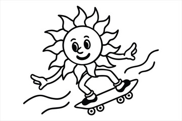 Funny sun riding a skateboard with wavy lines and flower trails