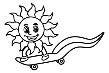 Fototapeta premium Funny sun riding a skateboard with wavy lines and flower trails