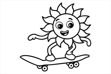 Funny sun riding a skateboard with wavy lines and flower trails