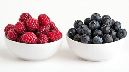 A white bowl with raspberries and blueberries.