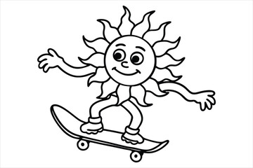 Funny sun riding a skateboard with wavy lines and flower trails