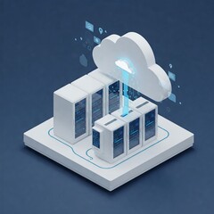 Tech-Savvy Data Center Isometric View, Blue & Steel Cloud Interface