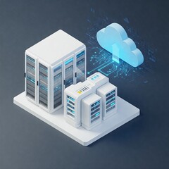 Isometric Data Center Cloud Connection, Blue Lighting, Futuristic Design
