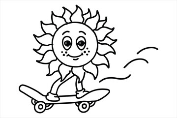 Funny sun riding a skateboard with wavy lines and flower trails