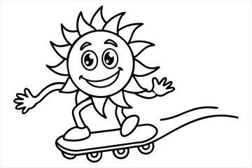 Funny sun riding a skateboard with wavy lines and flower trails