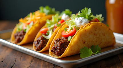 Tray of Crunchy Beef Tacos with Lettuce, Tomato, and Cheese

