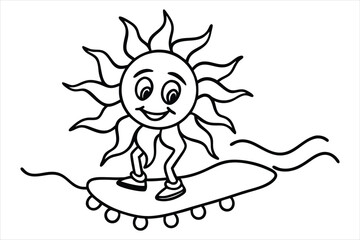 Funny sun riding a skateboard with wavy lines and flower trails
