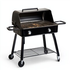 Close up of a black charcoal grill with the lid open on white background