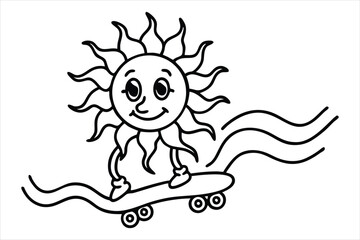 Funny sun riding a skateboard with wavy lines and flower trails