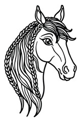 Elegant Black and White Line Art Illustration of a Horse Head with Braids Perfect for Coloring Books, Tattoos, Apparel Prints, and Equestrian Designs