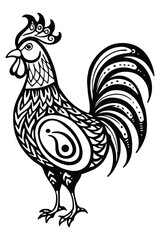 Intricate Ornamental Rooster Illustration Black and White Zentangle Style Cock Design for Art, Print, and Decor