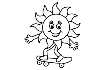 Funny sun riding a skateboard with wavy lines and flower trails