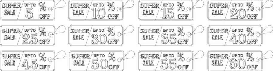 super sale tag line art icon set . sale sticker for advertising in a discounted store.badge template with sale percentage symbol, discount price tag.sale label collection suitable for promotion media.