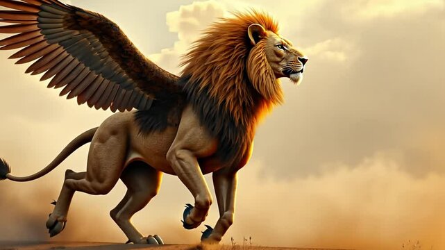 Majestic winged lion soaring through dusty golden sky, powerful mythical creature with large wings and regal mane, fantasy animal in dramatic landscape, symbol of strength, courage, and freedom
