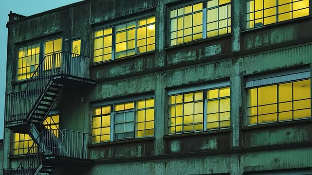 Exterior of factory building, lit windows at dusk