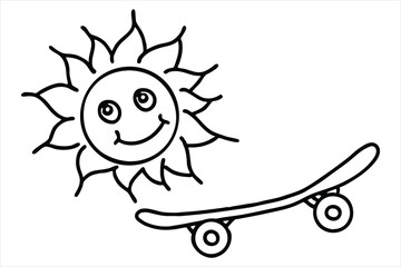 Funny sun riding a skateboard with wavy lines and flower trails