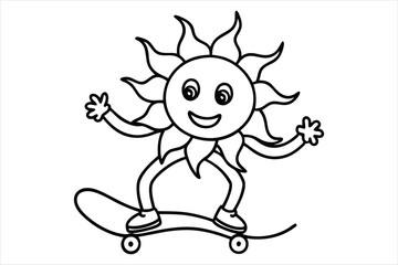 Funny sun riding a skateboard with wavy lines and flower trails