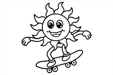 Funny sun riding a skateboard with wavy lines and flower trails