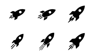 Set of rocket vector icons. Launch spaceship or spacecraft. Rocket fast flying for space. New business start up