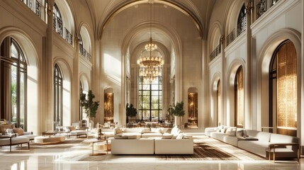 Fototapeta premium Lavish open living space with towering ceilings, high-end interior design, and luxurious finishing touches