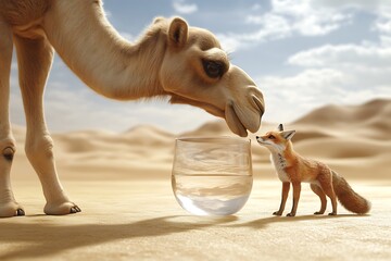 Desert animals sharing water; a camel and fox by a glass of water