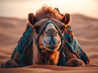 Desert camel resting, sunrise background, travel concept
