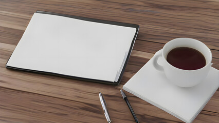 Cup of coffee and a notepad on a wooden table