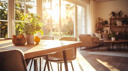 Minimalist oak dining table featuring a clean metal frame, surrounded by neutral chairs in a sunlit dining area