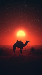 Silhouette camel sunset desert