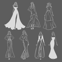 vector illustration of a wedding dresses Evening dresses templates collection elegant hand drawn outline