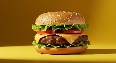A juicy cheeseburger with melted cheese, crispy lettuce, and tomato, perfectly stacked on a sesame seed bun, isolated with dramatic lighting and soft shadows."