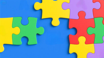 Obraz premium Colorful puzzle pieces on a blue background. Concept of problem solving, business connection, team collaboration and perfect for educational and learning material backdrop.