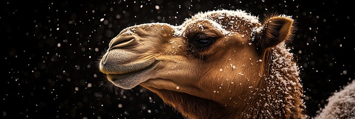 Camel in Snowfall, Close-up, Dark Background, Wildlife Photography