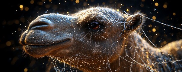 Camel in the desert, water drops, bokeh background, stock photo